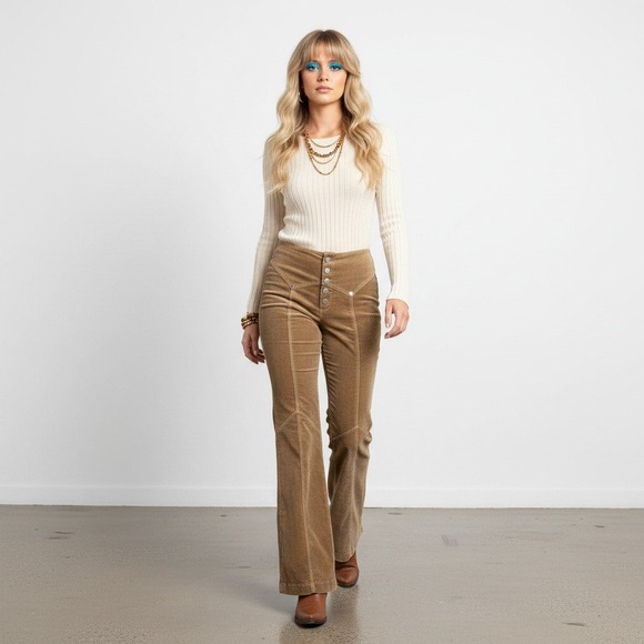 Vintage Pants - Vintage 70s Western Tan Corduroy Flare Pants High Waist Snap Fly Sz 14